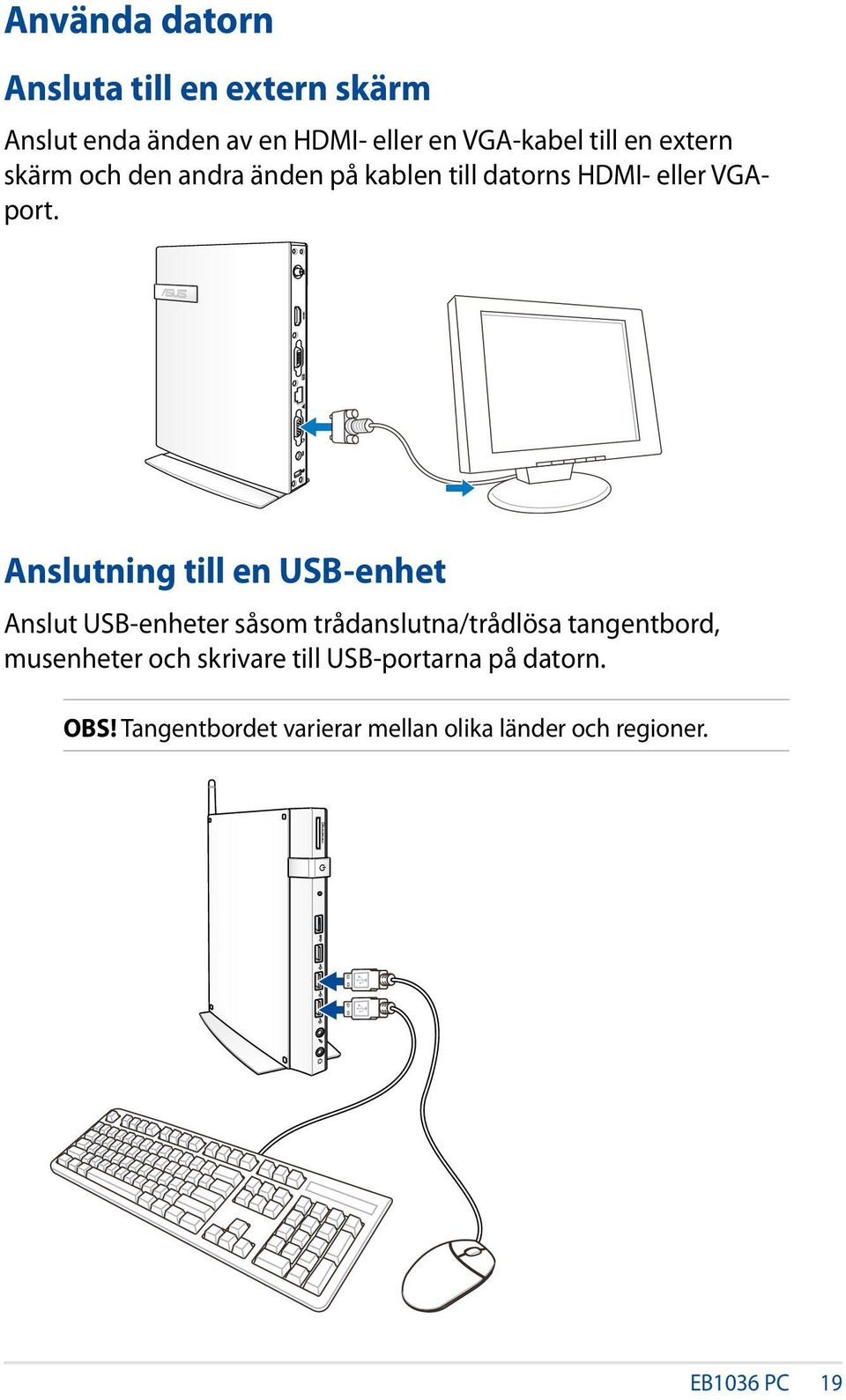 Anslutning till en USB-enhet Anslut USB-enheter såsom trådanslutna/trådlösa tangentbord,