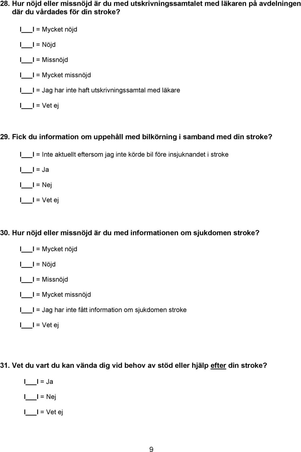 I I = Inte aktuellt eftersom jag inte körde bil före insjuknandet i stroke 30.