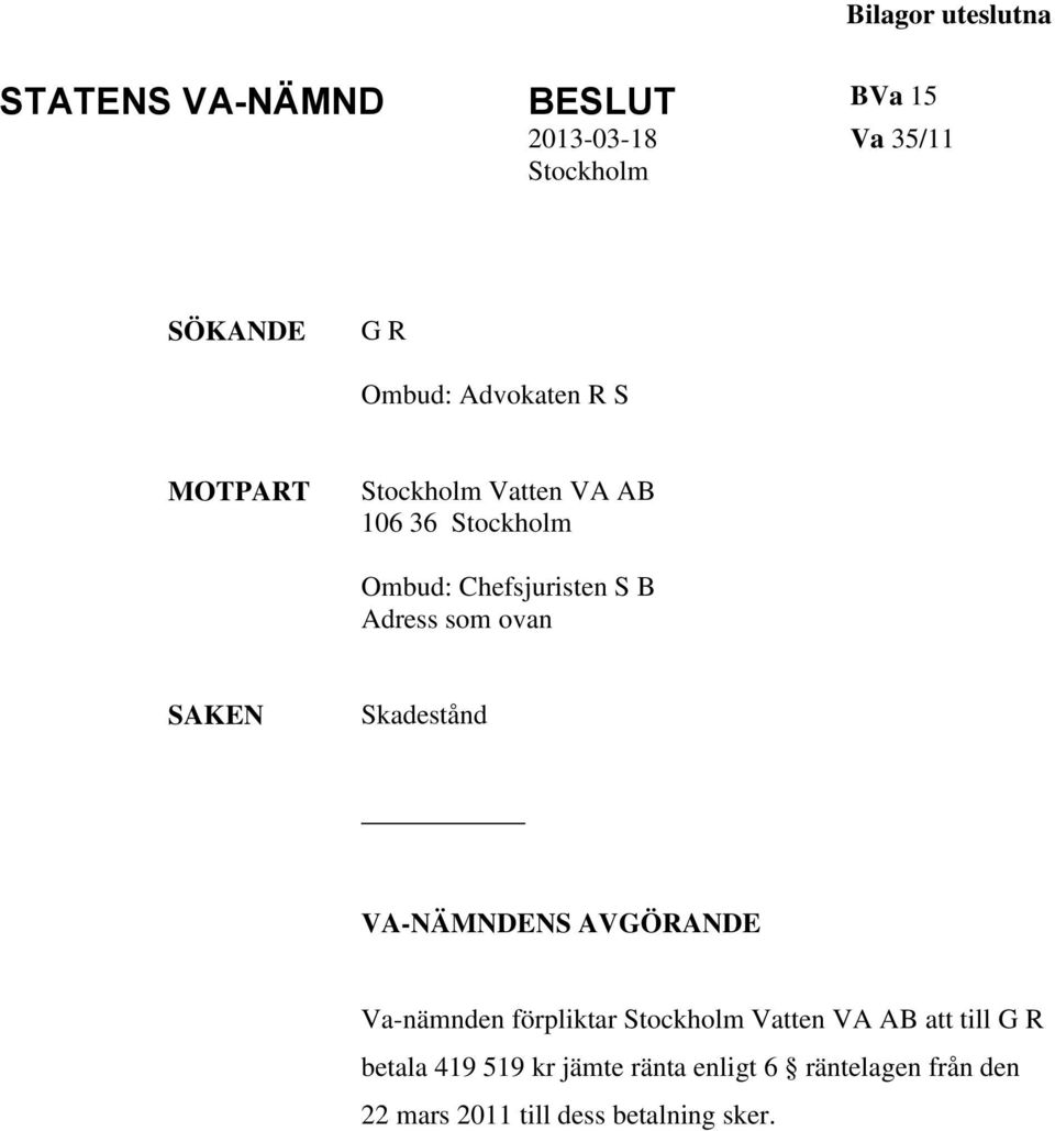 ovan SAKEN Skadestånd VA-NÄMNDENS AVGÖRANDE Va-nämnden förpliktar Stockholm Vatten VA AB att till