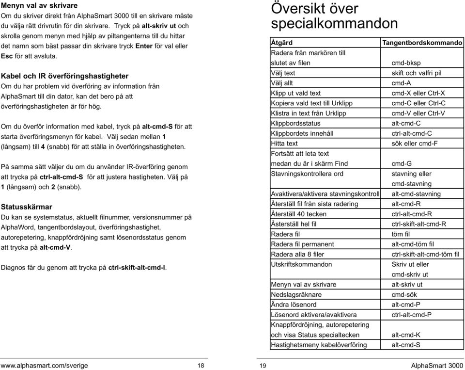 Kabel och IR överföringshastigheter Om du har problem vid överföring av information från AlphaSmart till din dator, kan det bero på att överföringshastigheten är för hög.