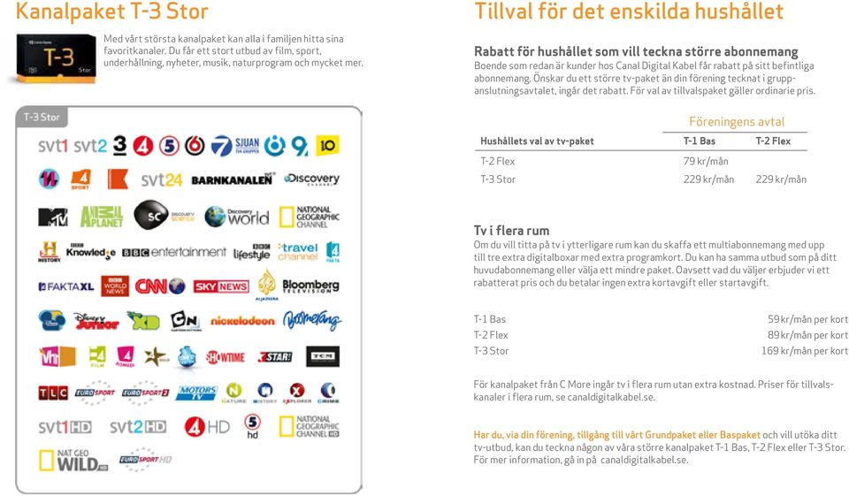 Önskar du ett större tv-paket än din förening tecknat i gruppanslutningsavtalet, ingår det rabatt. För val av tillvalspaket gäller ordinarie pris.