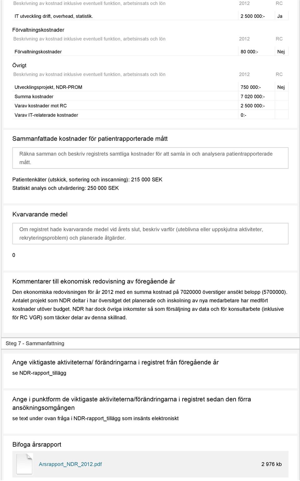 IT-relaterade kostnader 0:- Sammanfattade kostnader för patientrapporterade mått Räkna samman och beskriv registrets samtliga kostnader för att samla in och analysera patientrapporterade mått.