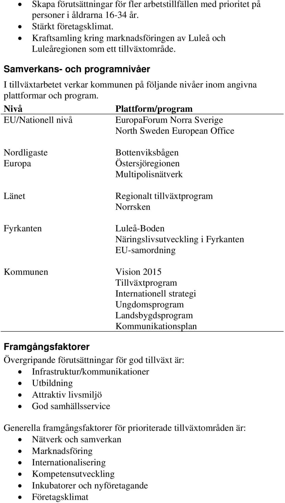 Samverkans- och programnivåer I tillväxtarbetet verkar kommunen på följande nivåer inom angivna plattformar och program.