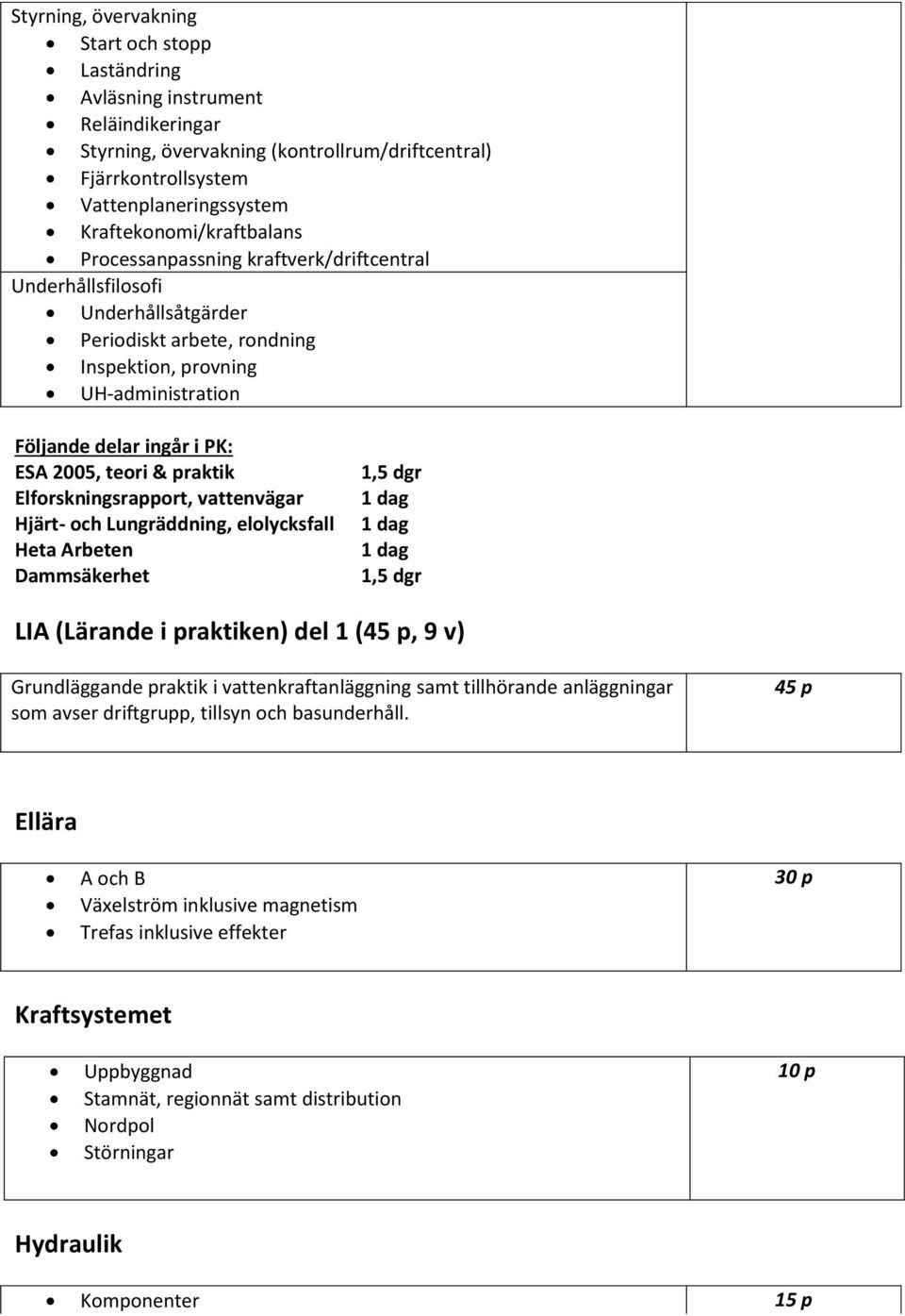 ESA 2005, teori & praktik Elforskningsrapport, vattenvägar Hjärt- och Lungräddning, elolycksfall Heta Arbeten Dammsäkerhet 1,5 dgr 1,5 dgr LIA (Lärande i praktiken) del 1 (45 p, 9 v) Grundläggande