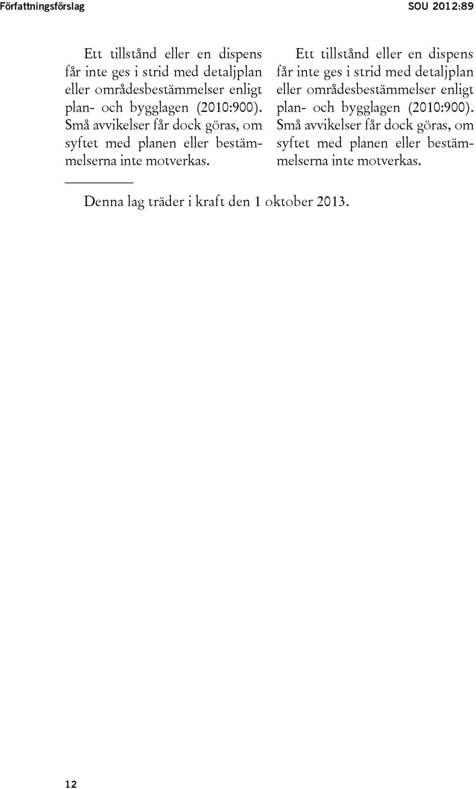 Ett tillstånd eller en dispens får inte ges i strid med detaljplan eller områdesbestämmelser  Denna lag träder i kraft den 1