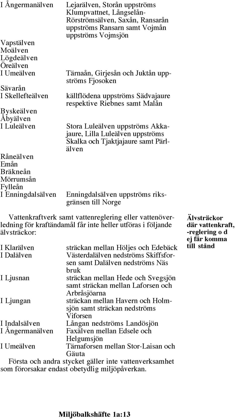 Sädvajaure respektive Riebnes samt Malån Stora Luleälven uppströms Akkajaure, Lilla Luleälven uppströms Skalka och Tjaktjajaure samt Pärlälven Enningdalsälven uppströms riksgränsen till Norge