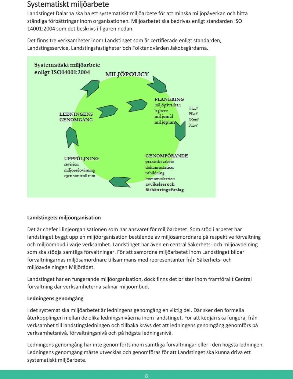 Det finns tre verksamheter inom Landstinget som är certifierade enligt standarden, Landstingsservice, Landstingsfastigheter och Folktandvården Jakobsgårdarna.