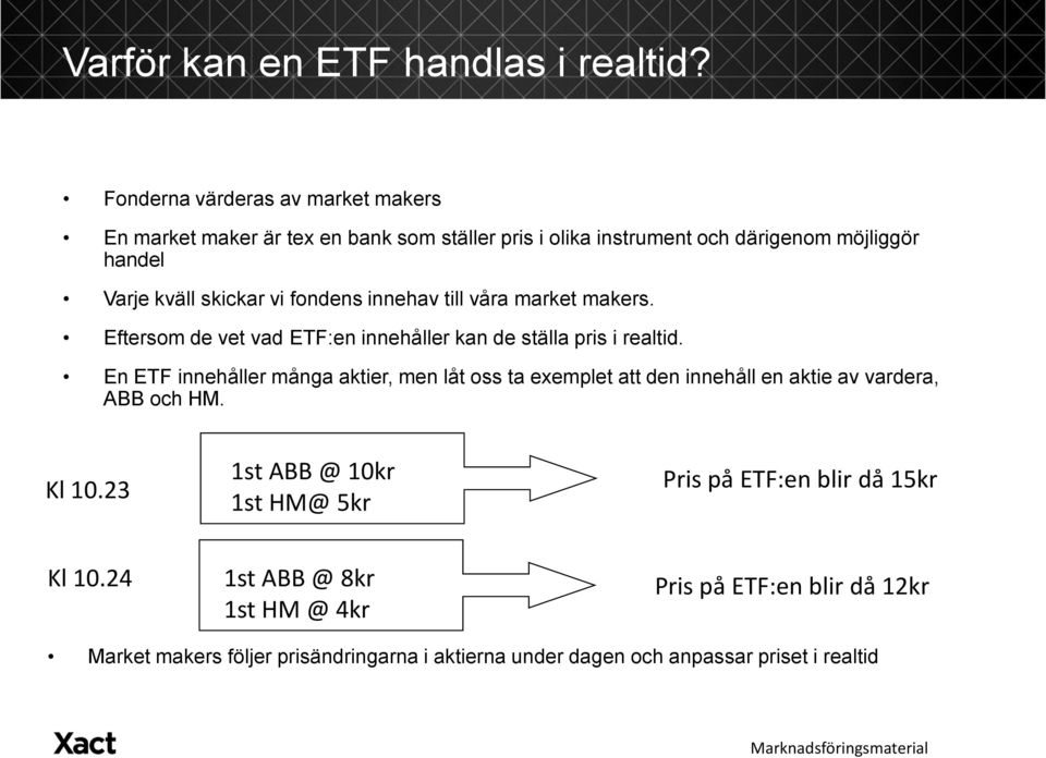 fondens innehav till våra market makers. Eftersom de vet vad ETF:en innehåller kan de ställa pris i realtid.