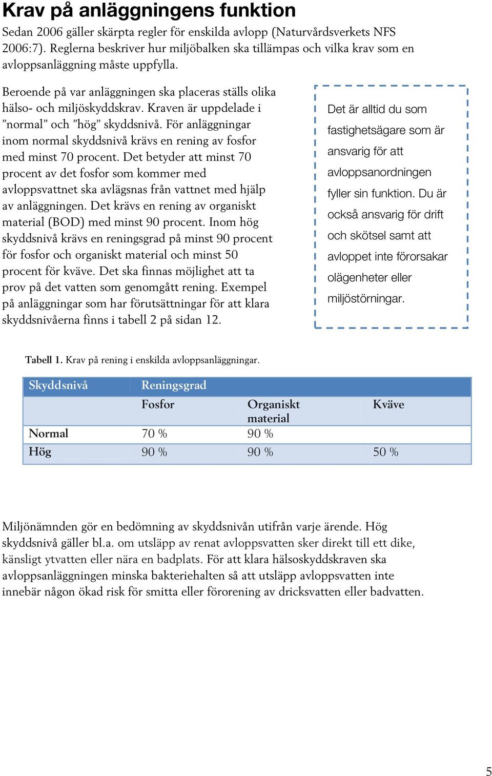 Kraven är uppdelade i normal och hög skyddsnivå. För anläggningar inom normal skyddsnivå krävs en rening av fosfor med minst 70 procent.