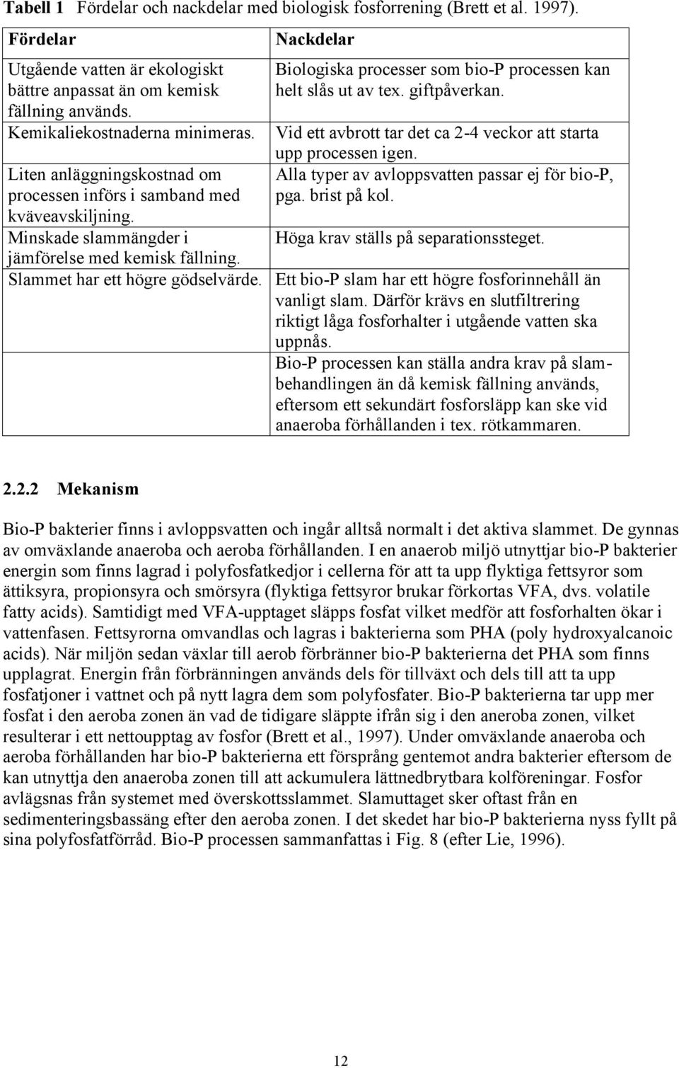 Vid ett avbrott tar det ca 2-4 veckor att starta upp processen igen. Alla typer av avloppsvatten passar ej för bio-p, pga. brist på kol. Höga krav ställs på separationssteget.
