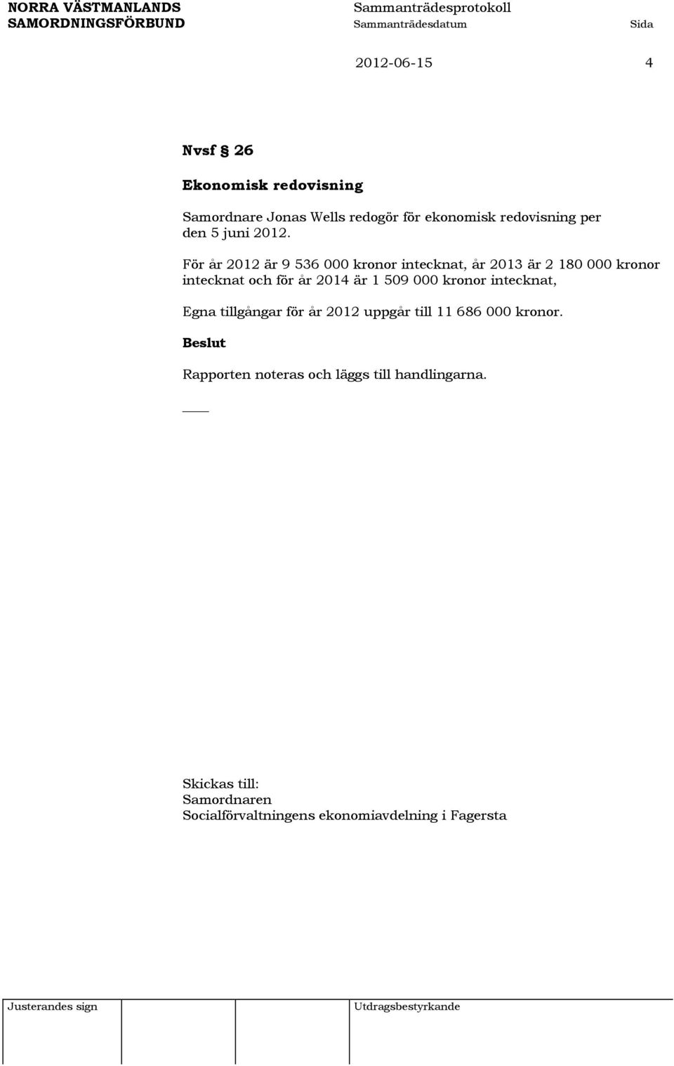 För år 2012 är 9 536 000 kronor intecknat, år 2013 är 2 180 000 kronor intecknat och för år 2014 är 1 509