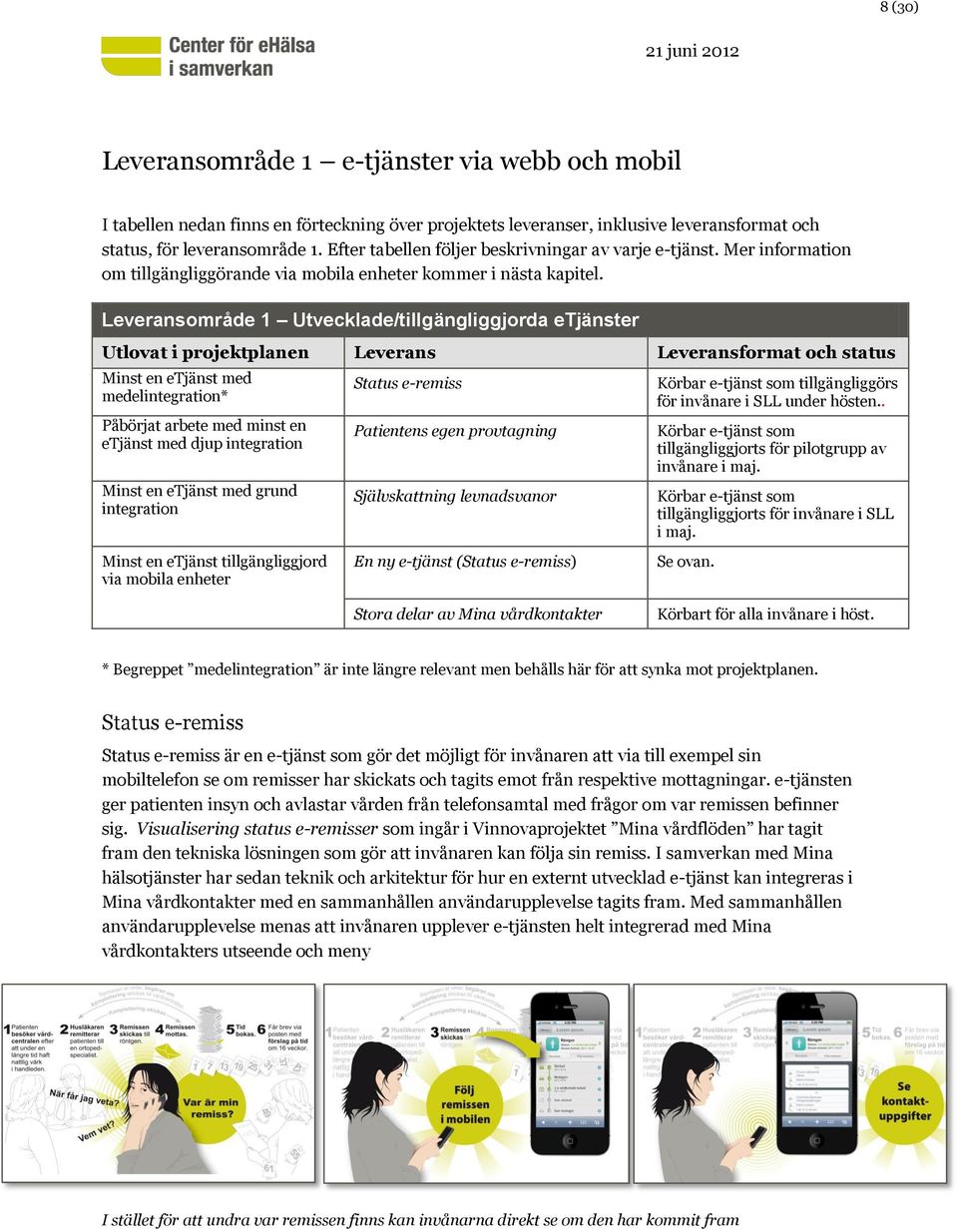 Leveransområde 1 Utvecklade/tillgängliggjorda etjänster Utlovat i projektplanen Leverans Leveransformat och status Minst en etjänst med medelintegration* Påbörjat arbete med minst en etjänst med djup