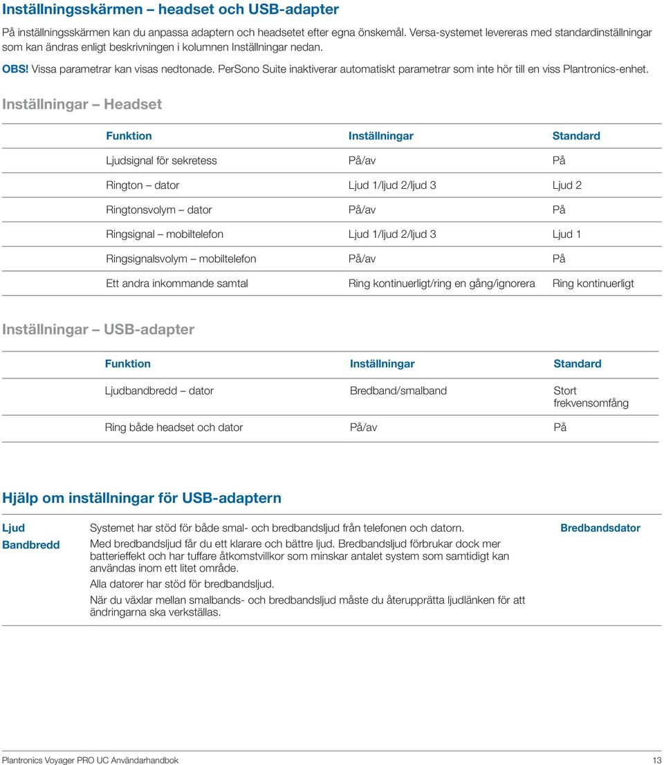 PerSono Suite inaktiverar automatiskt parametrar som inte hör till en viss Plantronics-enhet.