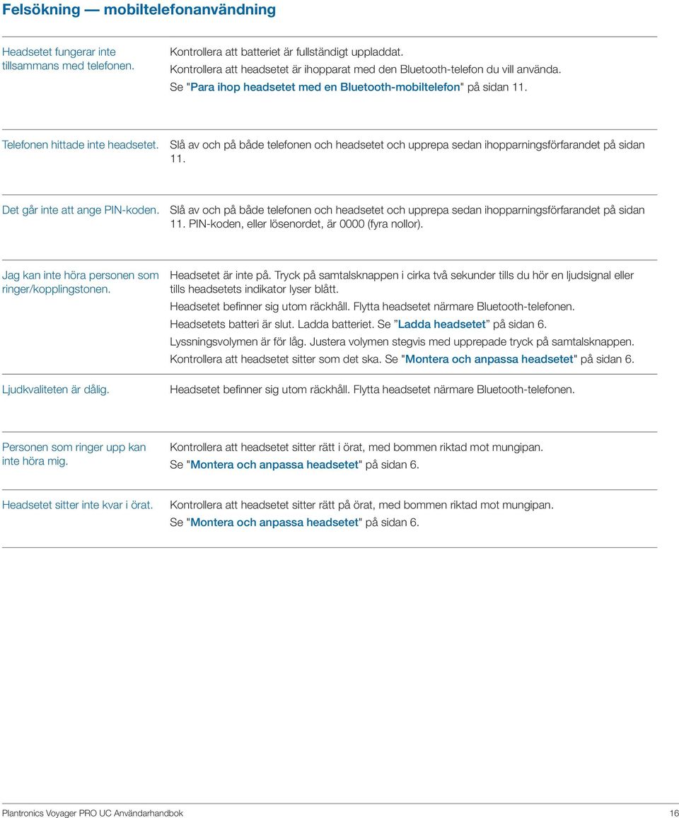 Slå av och på både telefonen och headsetet och upprepa sedan ihopparningsförfarandet på sidan 11. Det går inte att ange PIN-koden.