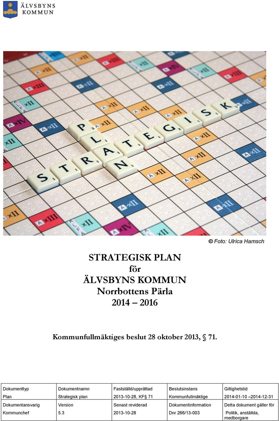 Dokumenttyp Dokumentnamn Fastställd/upprättad Beslutsinstans Giltighetstid Plan Strategisk plan 2013-10-28, KF