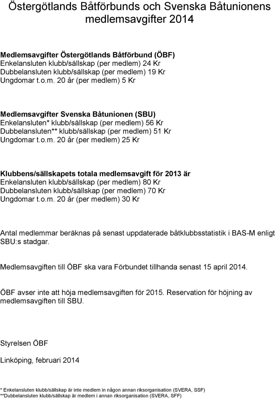 o.m. 20 år (per medlem) 25 Kr Klubbens/sällskapets totala medlemsavgift för 2013 är Enkelansluten klubb/sällskap (per medlem) 80 Kr Dubbelansluten klubb/sällskap (per medlem) 70 Kr Ungdomar t.o.m. 20 år (per medlem) 30 Kr Antal medlemmar beräknas på senast uppdaterade båtklubbsstatistik i BAS-M enligt SBU:s stadgar.