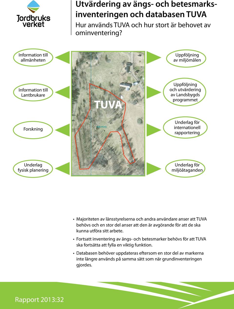 rapportering Underlag fysisk planering Underlag för miljöåtaganden Skala 1:2045 Statens Jordbruksverk Majoriteten av länsstyrelserna och andra användare anser att TUVA behövs och en stor del anser