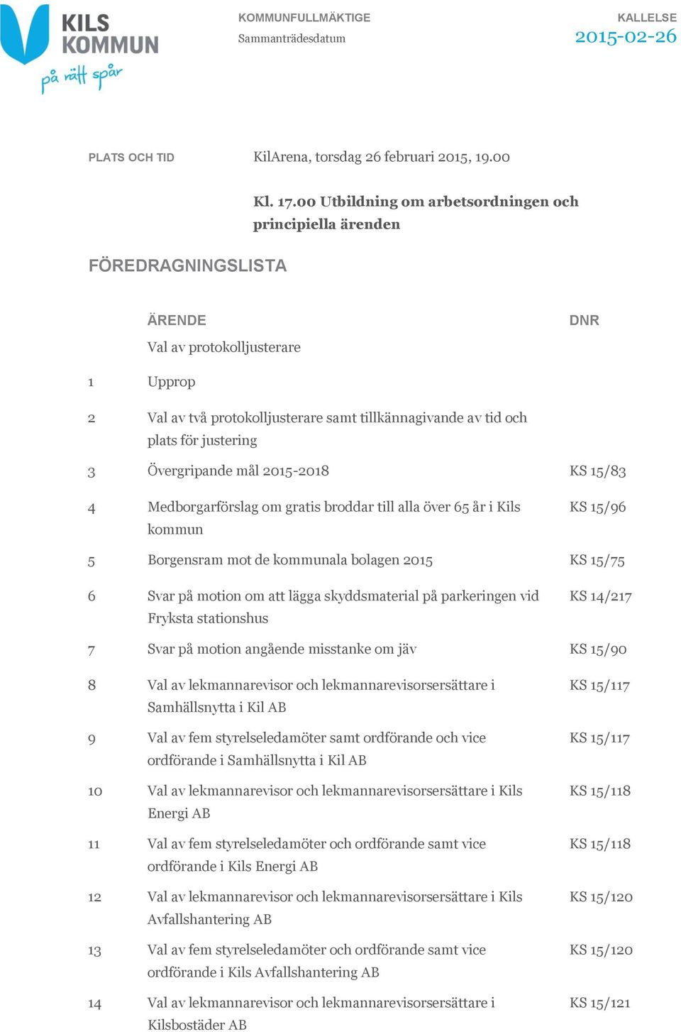 Övergripande mål 2015-2018 KS 15/83 4 Medborgarförslag om gratis broddar till alla över 65 år i Kils kommun KS 15/96 5 Borgensram mot de kommunala bolagen 2015 KS 15/75 6 Svar på motion om att lägga