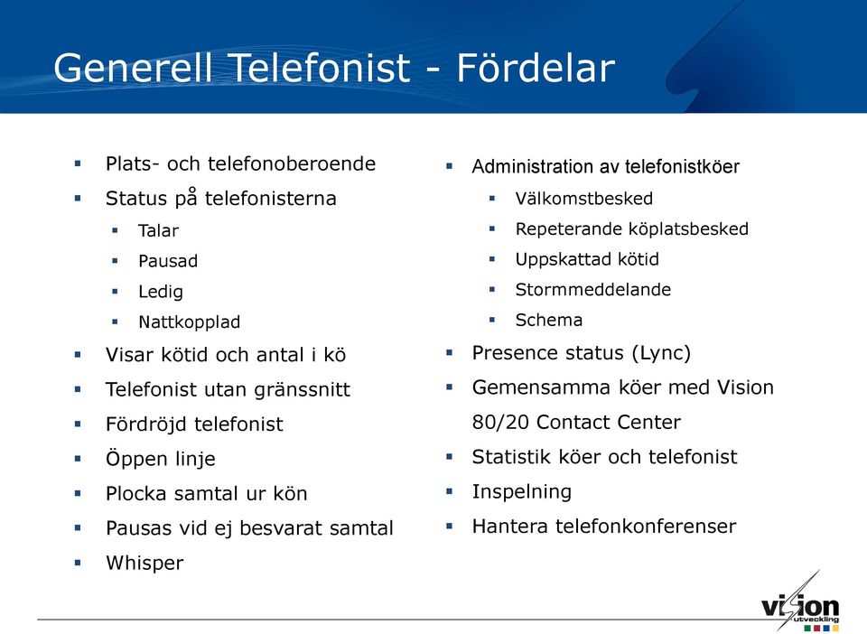 Whisper Administration av telefonistköer Välkomstbesked Repeterande köplatsbesked Uppskattad kötid Stormmeddelande Schema