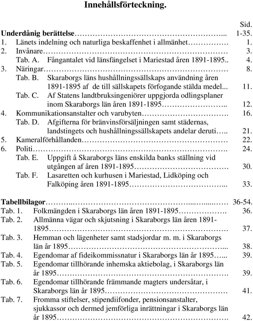 Tab. C. Af Statens landtbruksingeniörer uppgjorda odlingsplaner inom Skaraborgs län åren 1891-1895.. 12. 4. Kommunikationsanstalter och varubyten. 16. Tab. D.