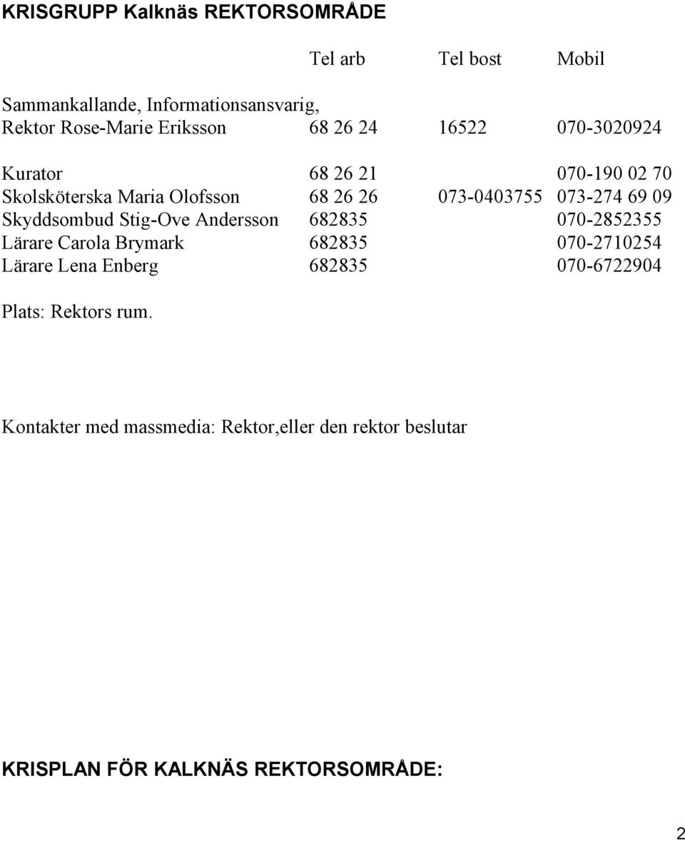 Skyddsombud Stig-Ove Andersson 682835 070-2852355 Lärare Carola Brymark 682835 070-2710254 Lärare Lena Enberg 682835