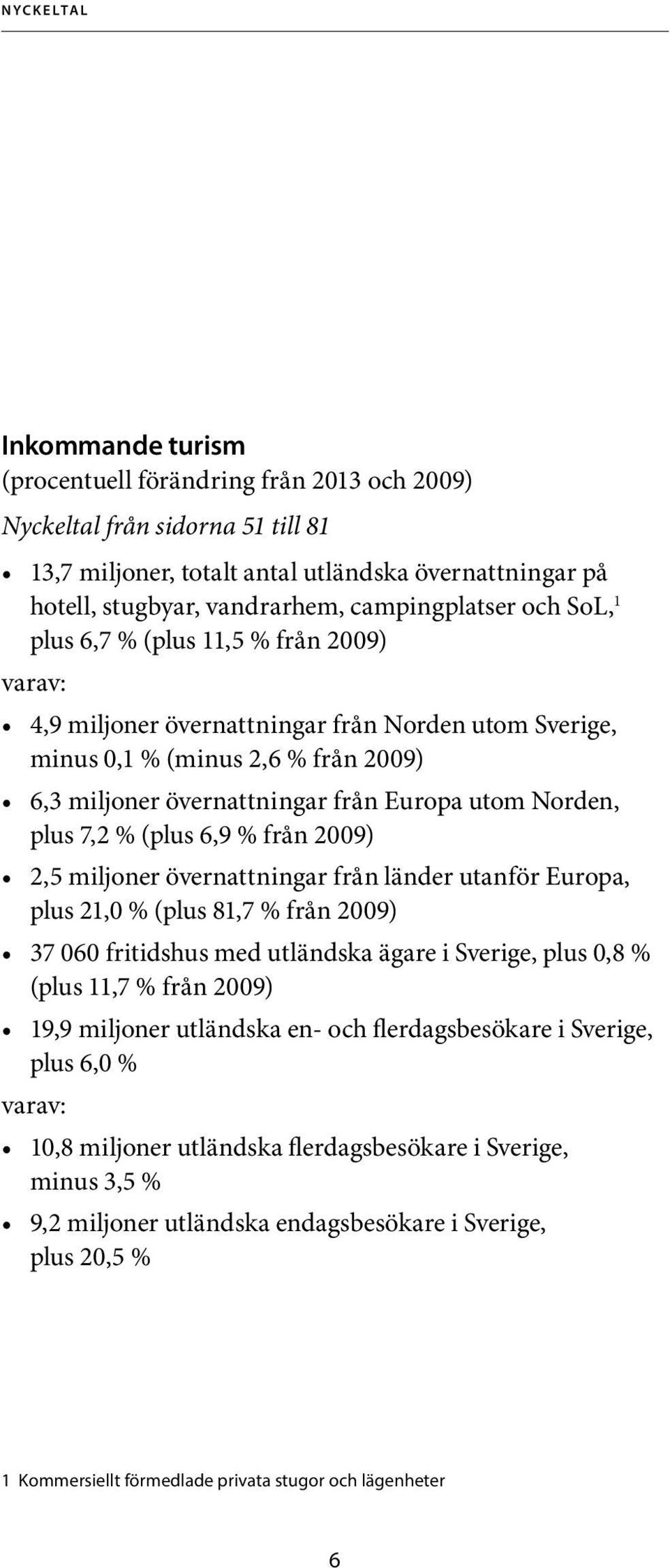 utom Norden, plus 7,2 % (plus 6,9 % från 2009) 2,5 miljoner övernattningar från länder utanför Europa, plus 21,0 % (plus 81,7 % från 2009) 37 060 fritidshus med utländska ägare i Sverige, plus 0,8 %