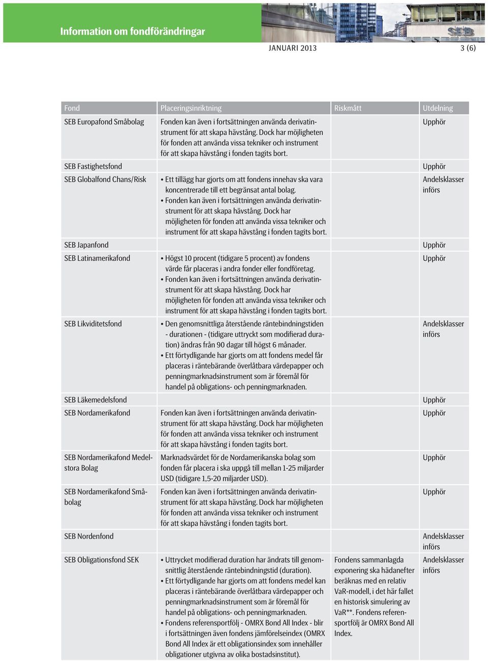 3 (6) SEB Fastighetsfond SEB Globalfond Chans/Risk Ett tillägg har gjorts om att fondens innehav ska vara koncentrerade till ett begränsat antal bolag.