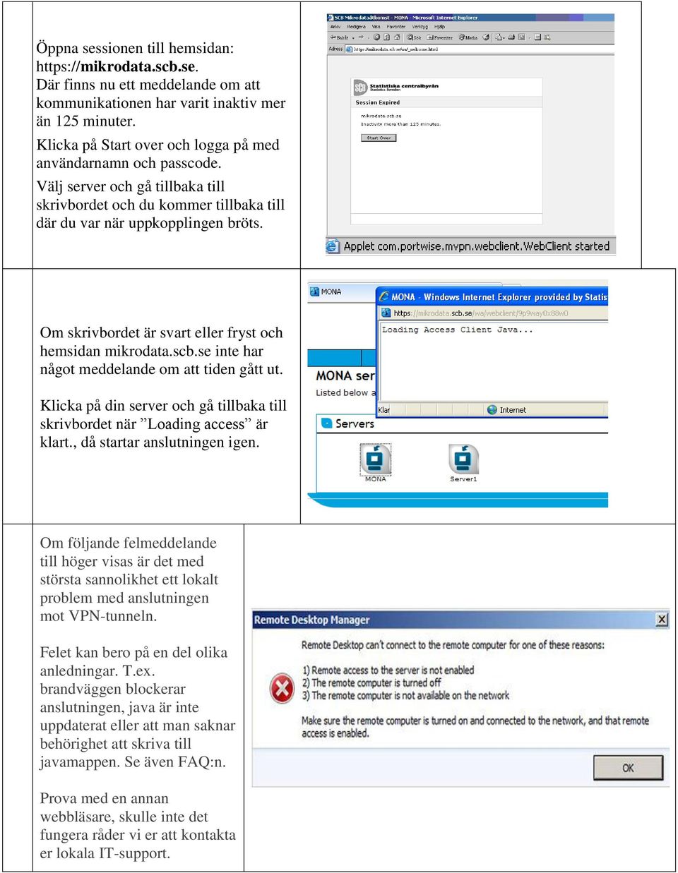 Om skrivbordet är svart eller fryst och hemsidan mikrodata.scb.se inte har något meddelande om att tiden gått ut. Klicka på din server och gå tillbaka till skrivbordet när Loading access är klart.