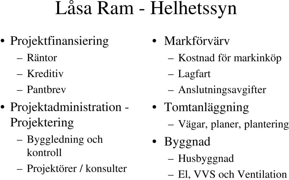 / konsulter Markförvärv Kostnad för markinköp Lagfart Anslutningsavgifter