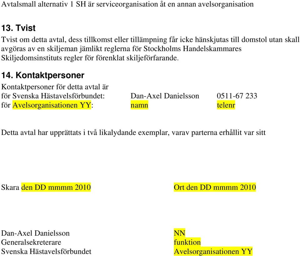 Kontaktpersoner Kontaktpersoner för detta avtal är för Svenska Hästavelsförbundet: Dan-Axel Danielsson 0511-67 233 för Avelsorganisationen YY: namn telenr