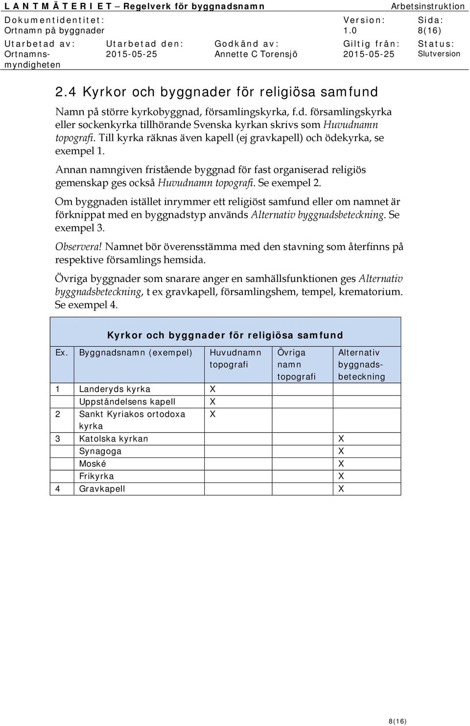 Om byggnaden istället inrymmer ett religiöst samfund eller om et är förknippat med en byggnadstyp används. Se exempel 3. Observera!