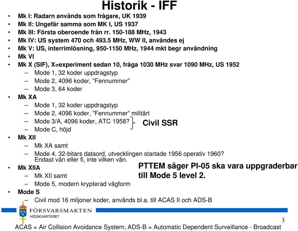 Mode 2, 4096 koder, Fennummer Mode 3, 64 koder Mk XA Mode 1, 32 koder uppdragstyp Mode 2, 4096 koder, Fennummer militärt Mode 3/A, 4096 koder, ATC 1958?