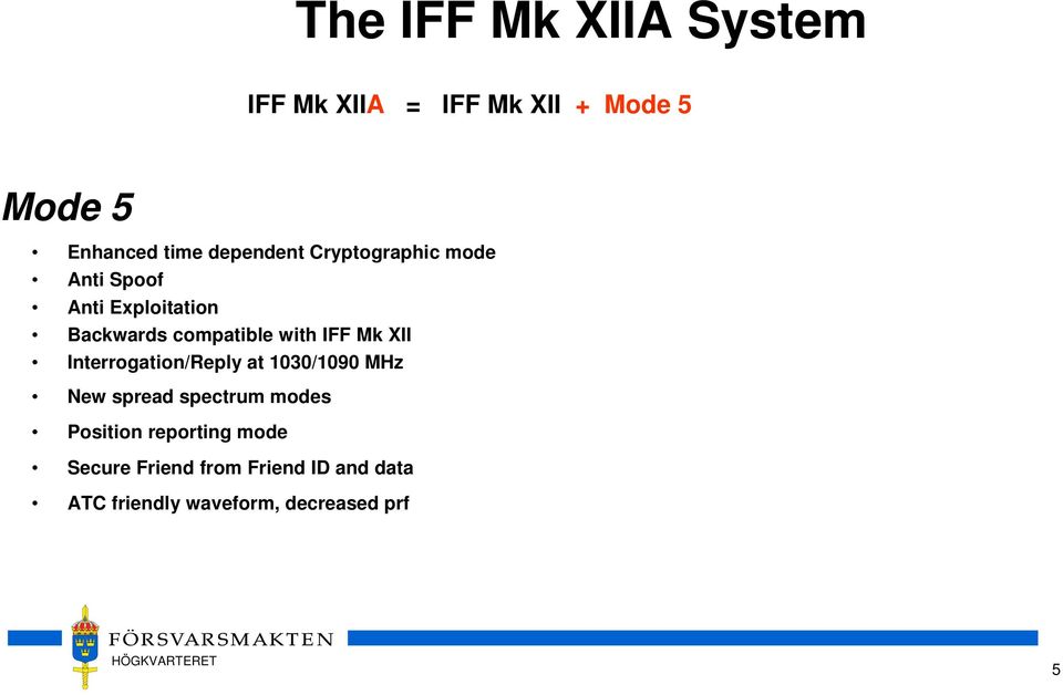 IFF Mk XII Interrogation/Reply at 1030/1090 MHz New spread spectrum modes Position