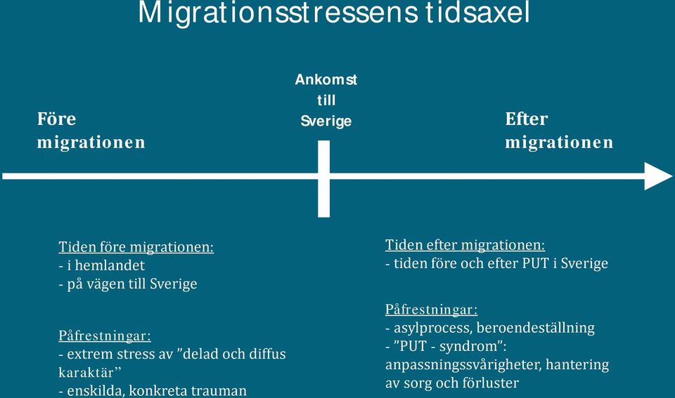 karaktär - enskilda, konkreta trauman Tiden efter migrationen: - tiden före och efter PUT i Sverige