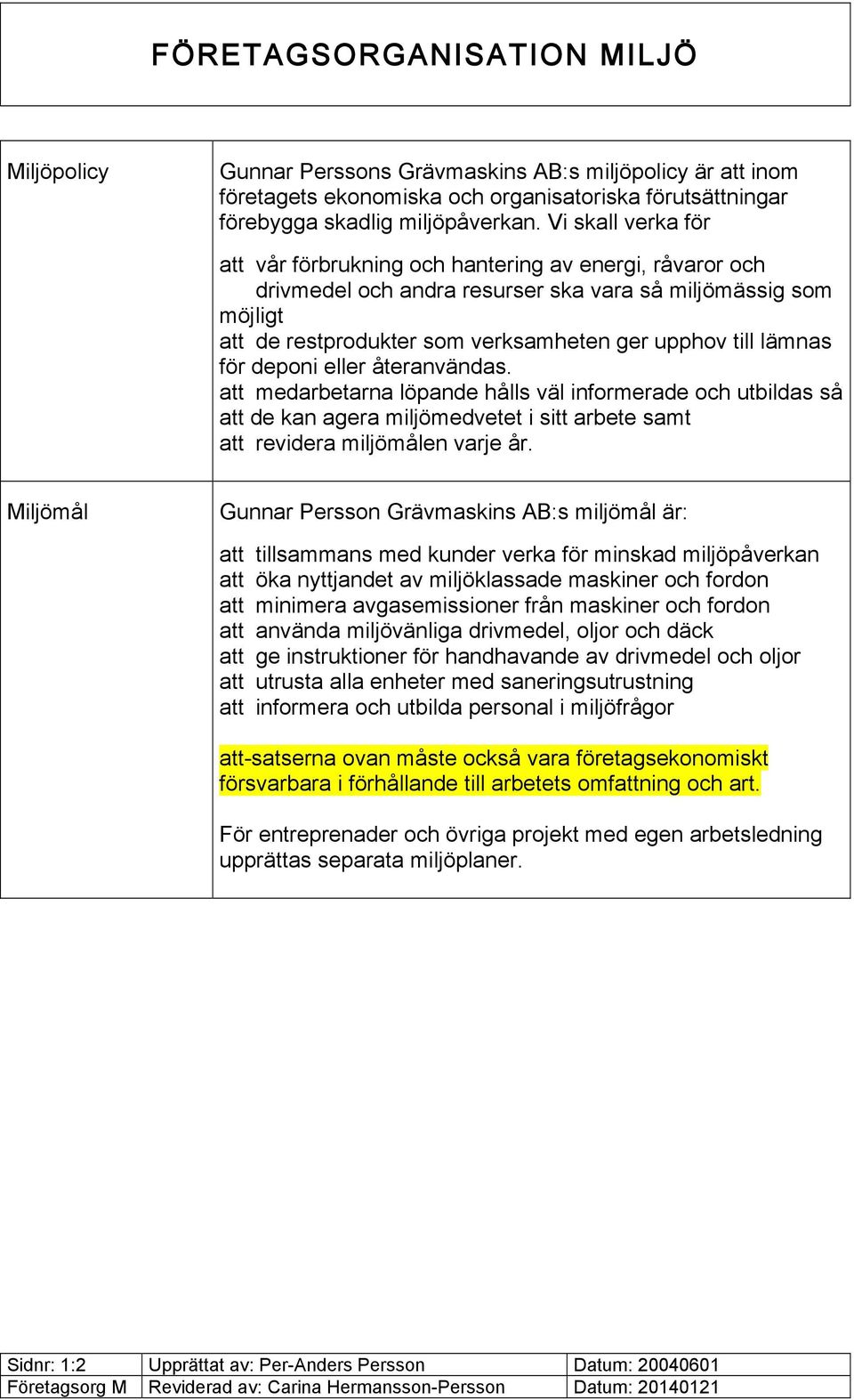 lämnas för deponi eller återanvändas. att medarbetarna löpande hålls väl informerade och utbildas så att de kan agera miljömedvetet i sitt arbete samt att revidera miljömålen varje år.