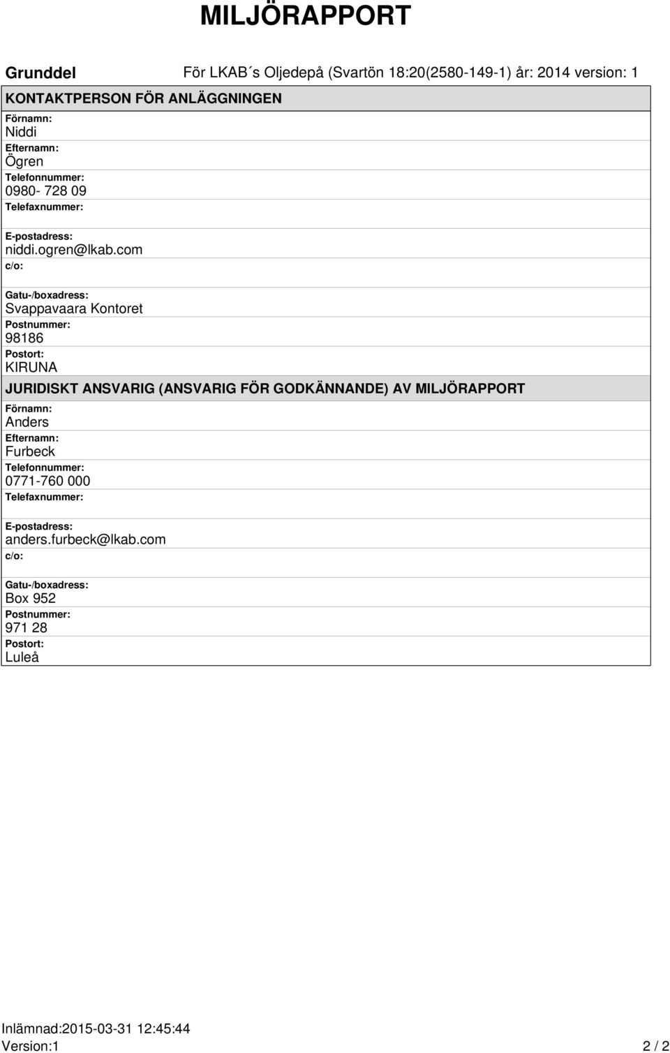 com c/o: Gatu-/boxadress: Svappavaara Kontoret Postnummer: 98186 Postort: KIRUNA JURIDISKT ANSVARIG (ANSVARIG FÖR GODKÄNNANDE) AV MILJÖRAPPORT