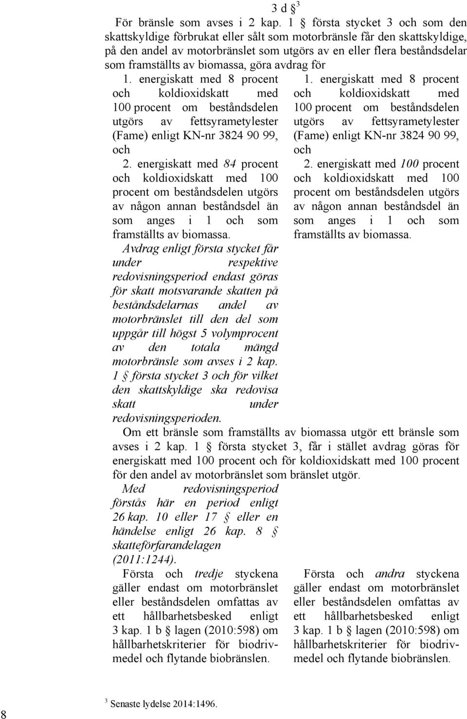 biomassa, göra avdrag för 1. energiskatt med 8 procent och koldioxidskatt med 100 procent om beståndsdelen utgörs av fettsyrametylester (Fame) enligt KN-nr 3824 90 99, och 2.