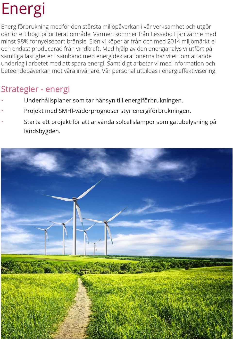 Med hjälp av den energianalys vi utfört på samtliga fastigheter i samband med energideklarationerna har vi ett omfattande underlag i arbetet med att spara energi.