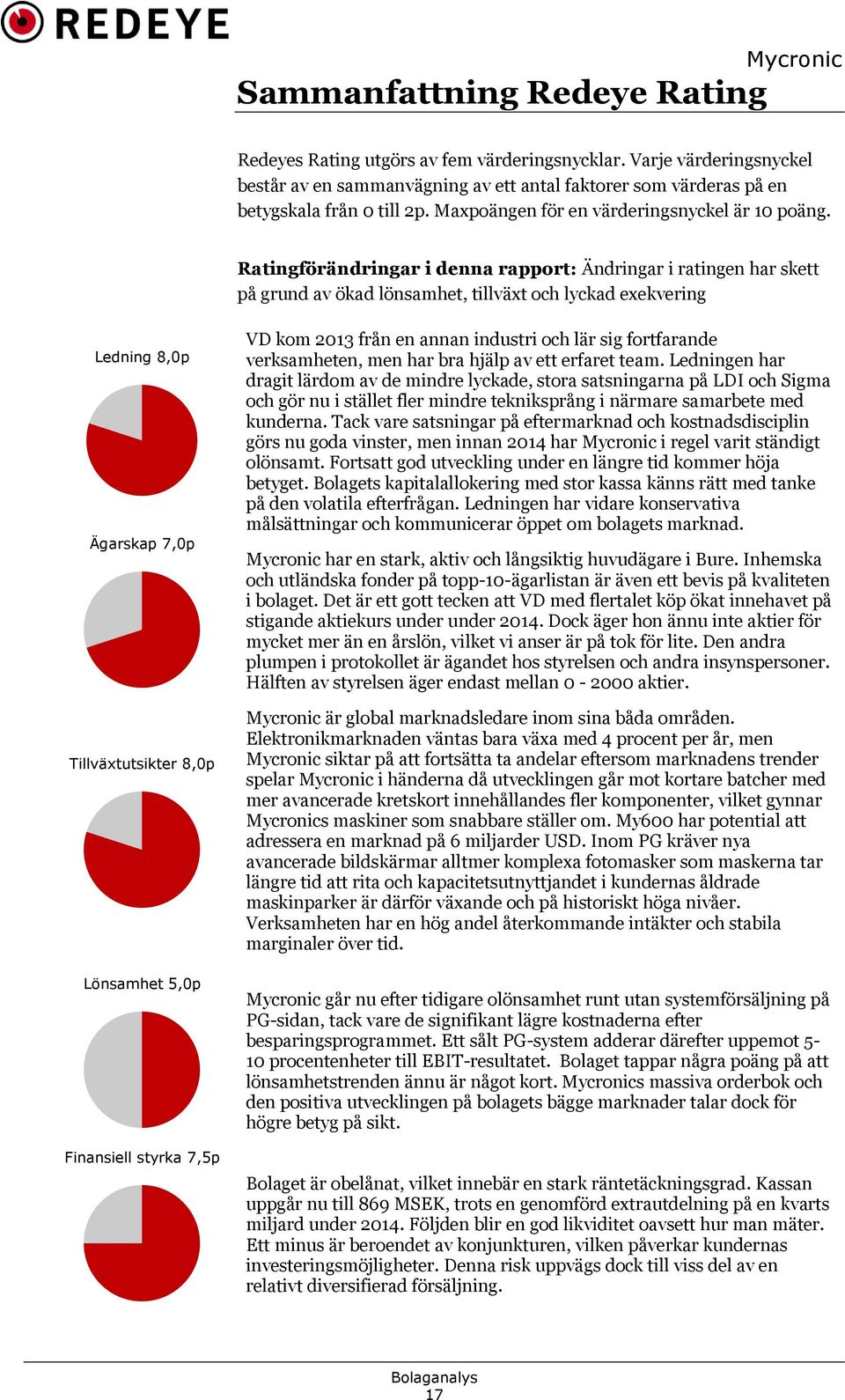 Ratingförändringar i denna rapport: Ändringar i ratingen har skett på grund av ökad lönsamhet, tillväxt och lyckad exekvering Ledning 8,0p Ägarskap 7,0p Tillväxtutsikter 8,0p Lönsamhet 5,0p