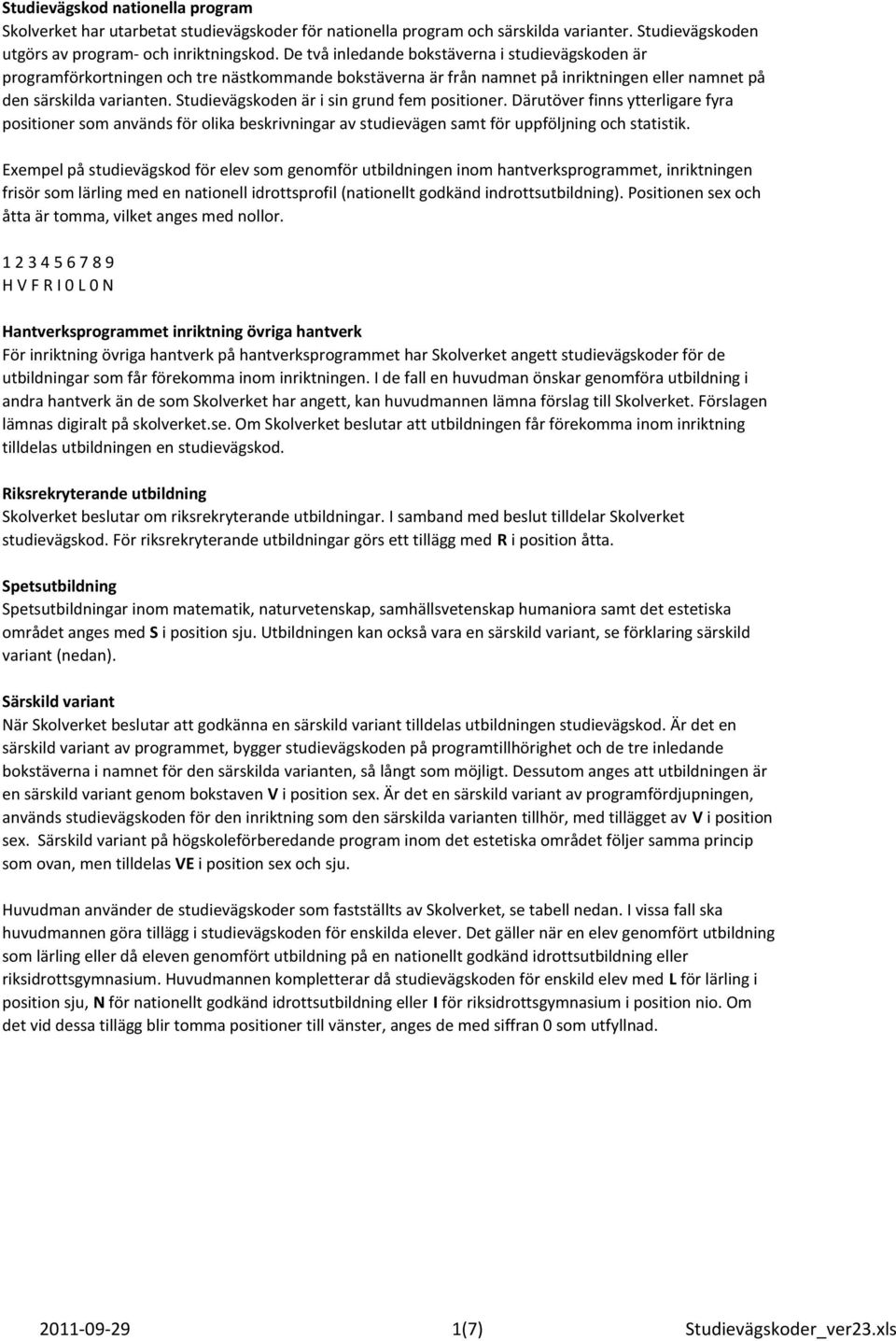 Studievägskoden är i sin grund fem positioner. Därutöver finns ytterligare fyra positioner som används för olika beskrivningar av studievägen samt för uppföljning och statistik.