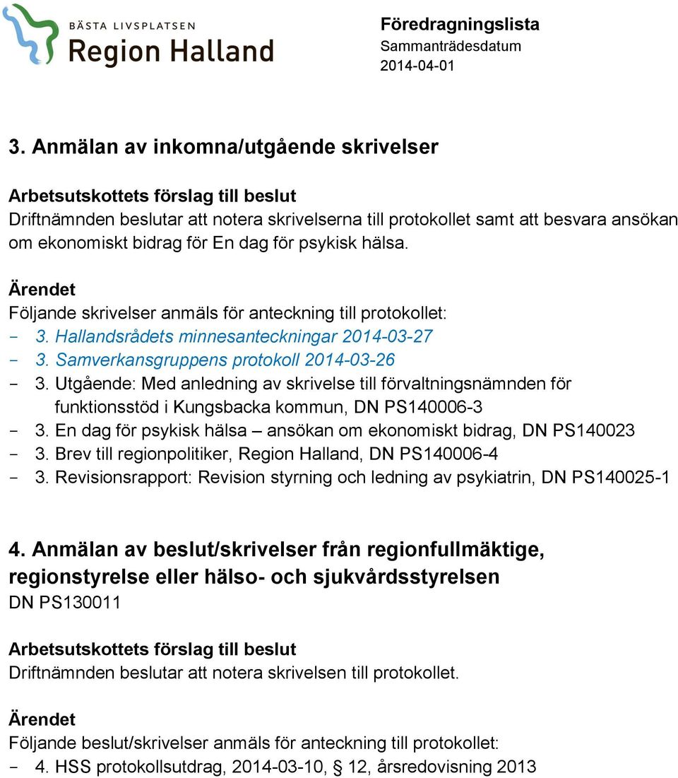 Utgående: Med anledning av skrivelse till förvaltningsnämnden för funktionsstöd i Kungsbacka kommun, DN PS140006-3 3. En dag för psykisk hälsa ansökan om ekonomiskt bidrag, DN PS140023 3.