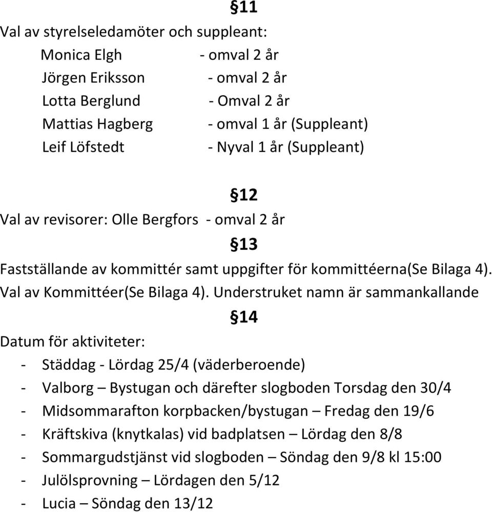 Understruket namn är sammankallande 14 Datum för aktiviteter: - Städdag - Lördag 25/4 (väderberoende) - Valborg Bystugan och därefter slogboden Torsdag den 30/4 - Midsommarafton