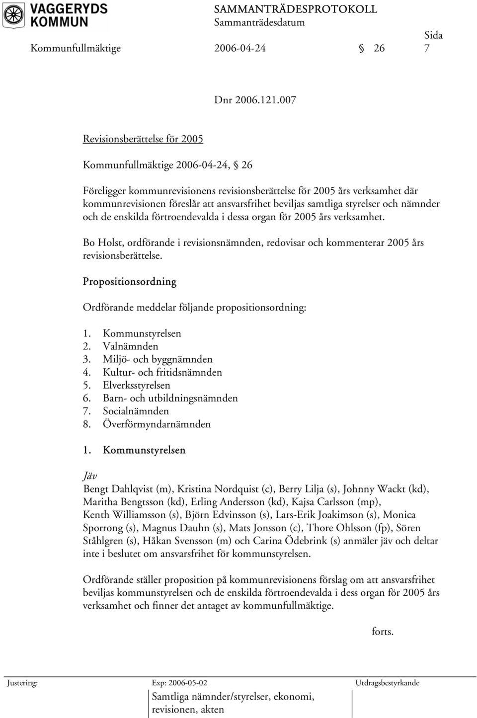 samtliga styrelser och nämnder och de enskilda förtroendevalda i dessa organ för 2005 års verksamhet. Bo Holst, ordförande i revisionsnämnden, redovisar och kommenterar 2005 års revisionsberättelse.