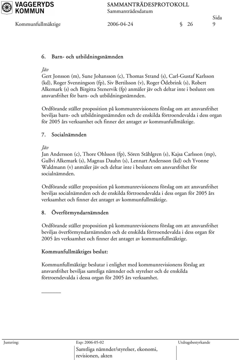(s) och Birgitta Stenervik (fp) anmäler jäv och deltar inte i beslutet om ansvarsfrihet för barn- och utbildningsnämnden.