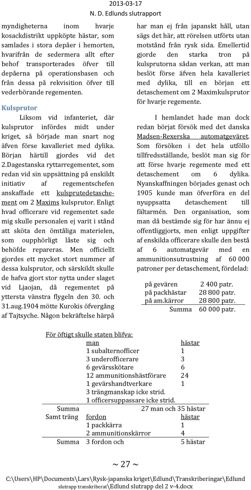 Början härtill gjordes vid det 2.Dagestanska ryttarregementet, som redan vid sin uppsättning på enskildt initiativ af regementschefen anskaffade ett kulsprutedetaschement om 2 Maxims kulsprutor.