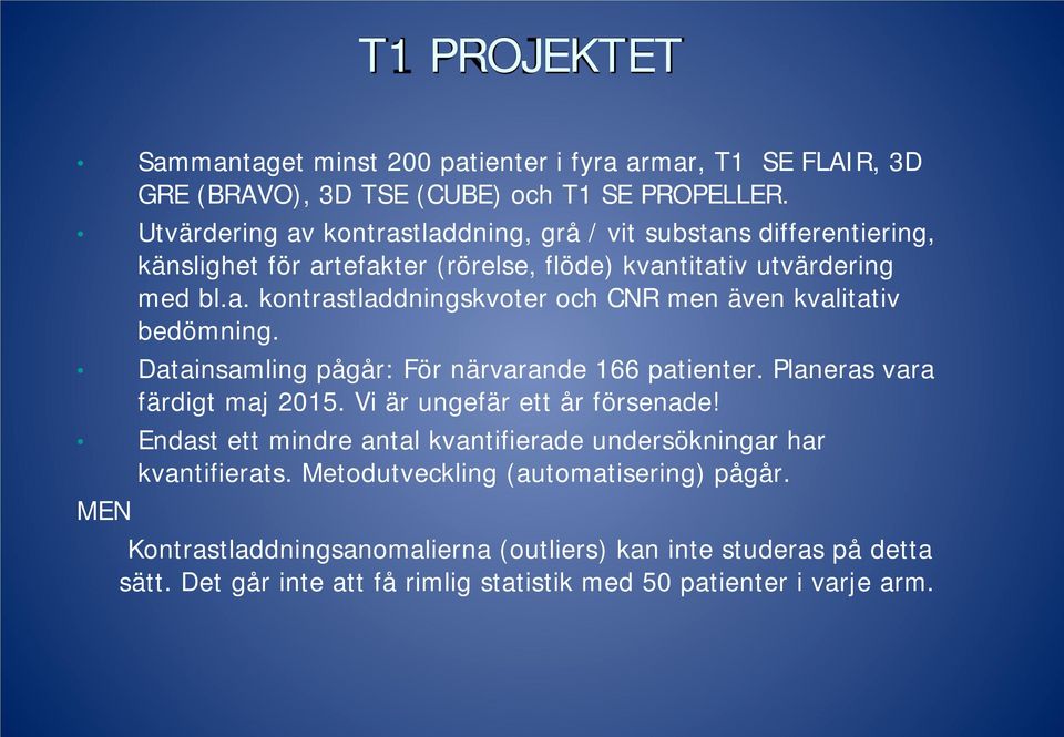 Datainsamling pågår: För närvarande 166 patienter. Planeras vara färdigt maj 2015. Vi är ungefär ett år försenade!