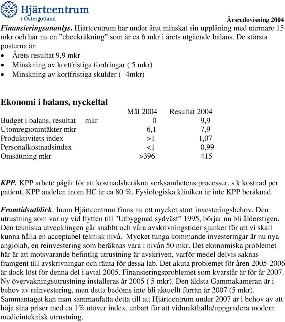 balans, resultat mkr 0 9,9 Utomregionintäkter mkr 6,1 7,9 Produktivitets index >1 1,07 Personalkostnadsindex <1 0,99 Omsättning mkr >396 415 KPP.