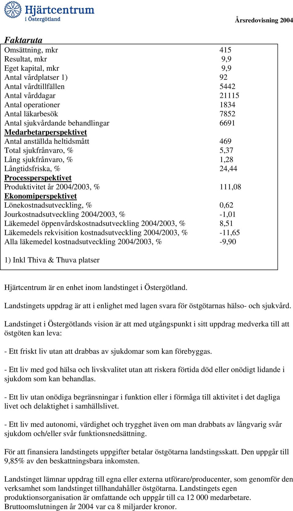 2004/2003, % 111,08 Ekonomiperspektivet Lönekostnadsutveckling, % 0,62 Jourkostnadsutveckling 2004/2003, % -1,01 Läkemedel öppenvårdskostnadsutveckling 2004/2003, % 8,51 Läkemedels rekvisition