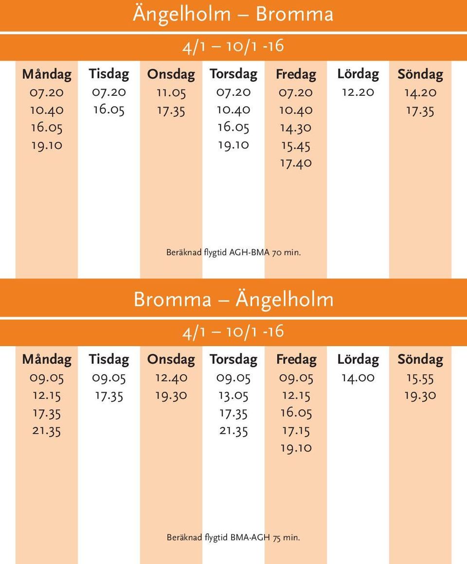 20 Beräknad flygtid AGH-BMA 70 min. 09.05 09.
