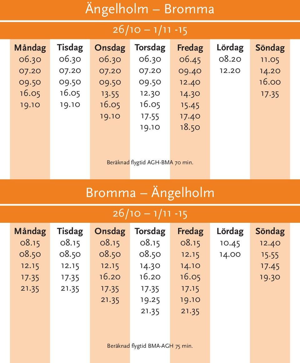 20 Beräknad flygtid AGH-BMA 70 min.